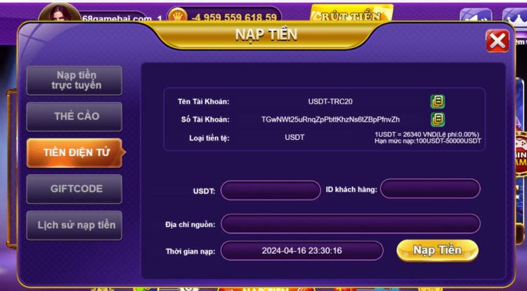 Các bước nạp tiền bằng USDT tại cổng game bài 68